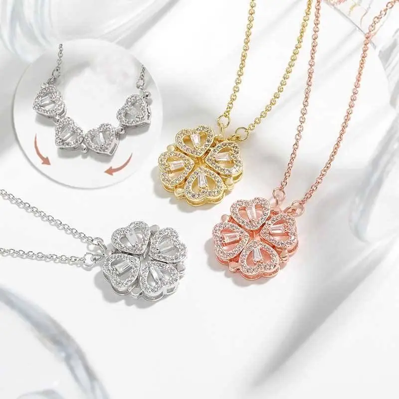 Heart-shaped Four Leaf Clover Pendant Necklace Zircon Women Love Clavicle Chain Gifts Openable Choker Fashion Jewelry Wholesale