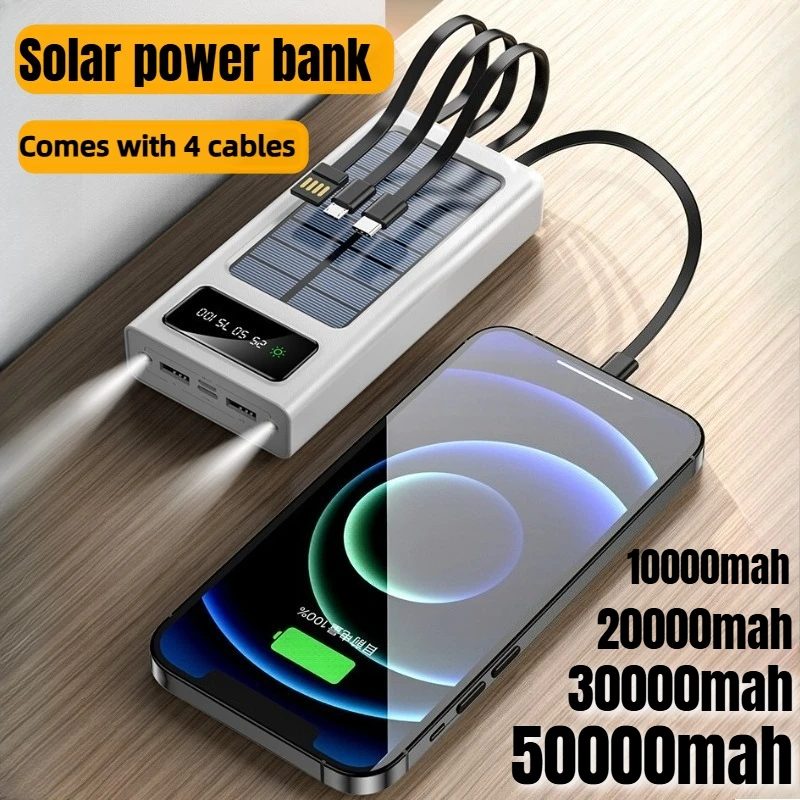

Открытый аккумулятор на солнечной батарее 50000 мАч большой емкости для мобильных устройств с быстрой зарядкой и двумя USB-кабелями с 4 кабелями для iPhone Samsung