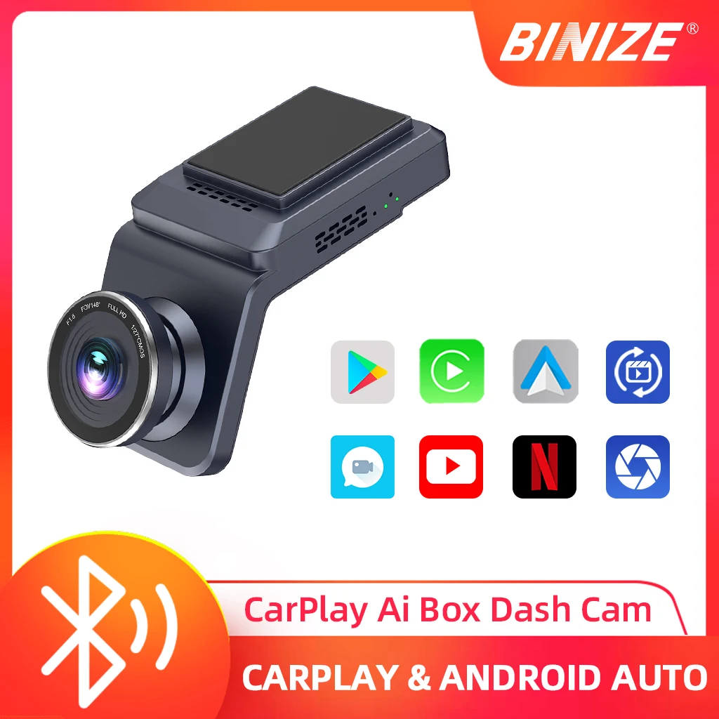 Binize Dash Cam CarPlay AI Box Wireless Android Auto Qualcomm 8-core 4+64G 1080P YouTube Netflix GPS 4G LTE