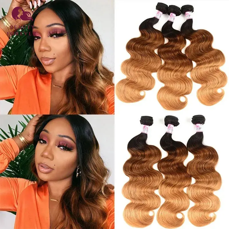 Bundles de cheveux humains vierges brésiliens, vague de corps, 3 tons, ombré, brun, enna, dédouanement, T1B/4/27