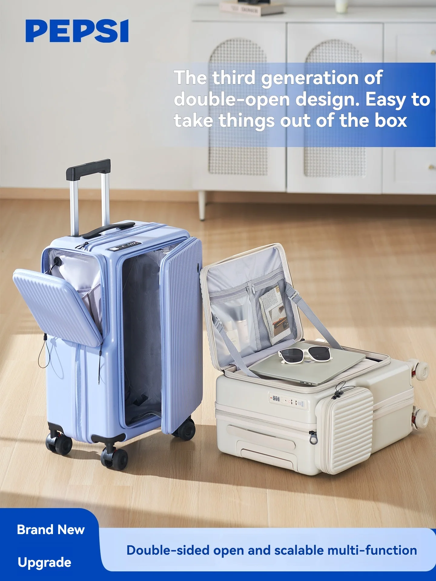 

New Front-Opening Luggage with Large Capacity, Expandable, Cup Holder, USB Charging, Telescopic Handle, and Universal Wheels