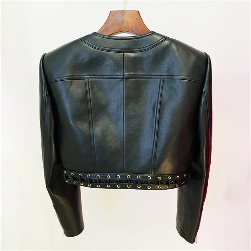 Women's leather jacket New autumn 2025 chicken hole lace up slim fit long sleeved top Metal button decoration short jacket coat