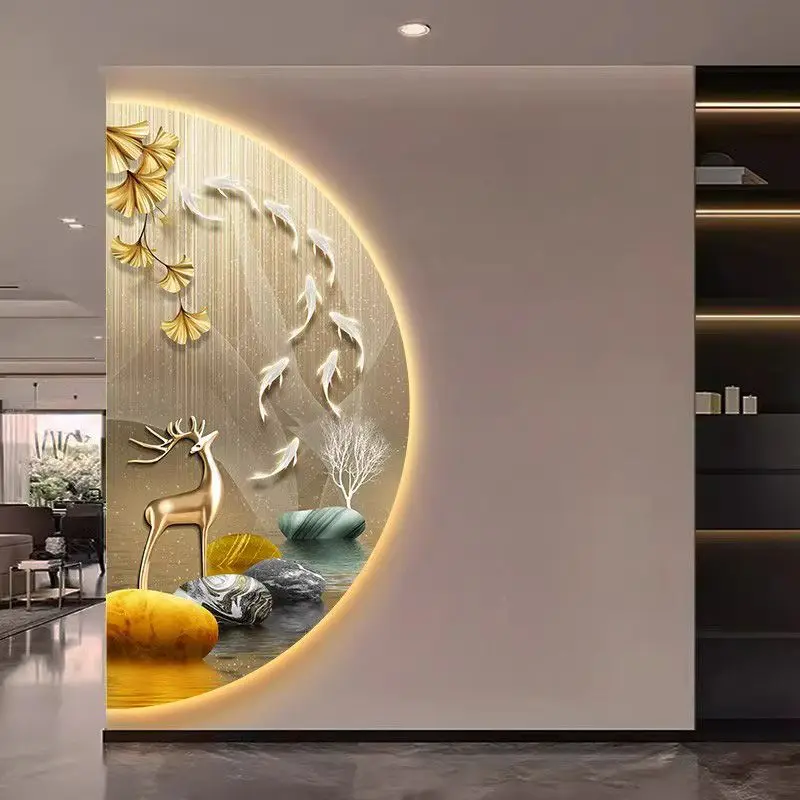 Modern light luxury nine fish picture entrance door decoration painting LED light painting high-end atmospheric wall murals