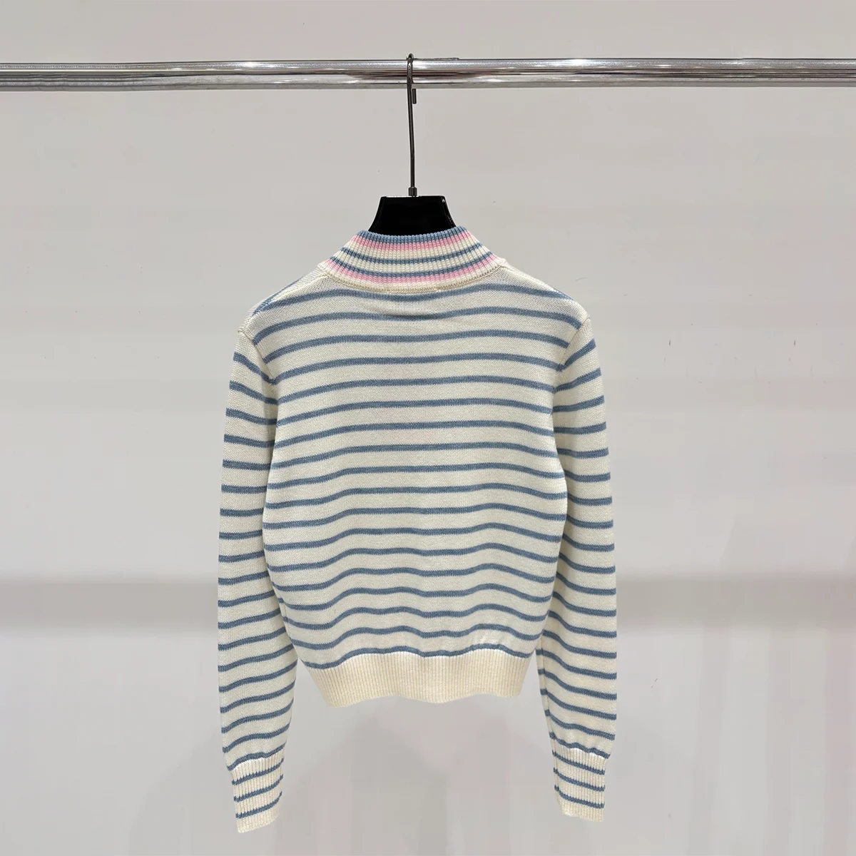 2026 High-Quality Korean-Style Color-Blocking Semi-High-Neck Striped Knit Cardigan--2691782