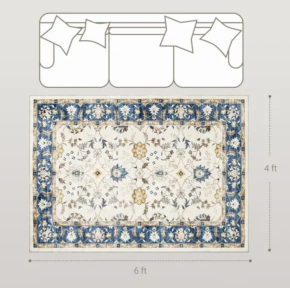 

HOMCOM 4x6 Blue Boho Floral Area Rug - Machine Washable Non-Slip Flannel Rug for Living Room & Bedroom