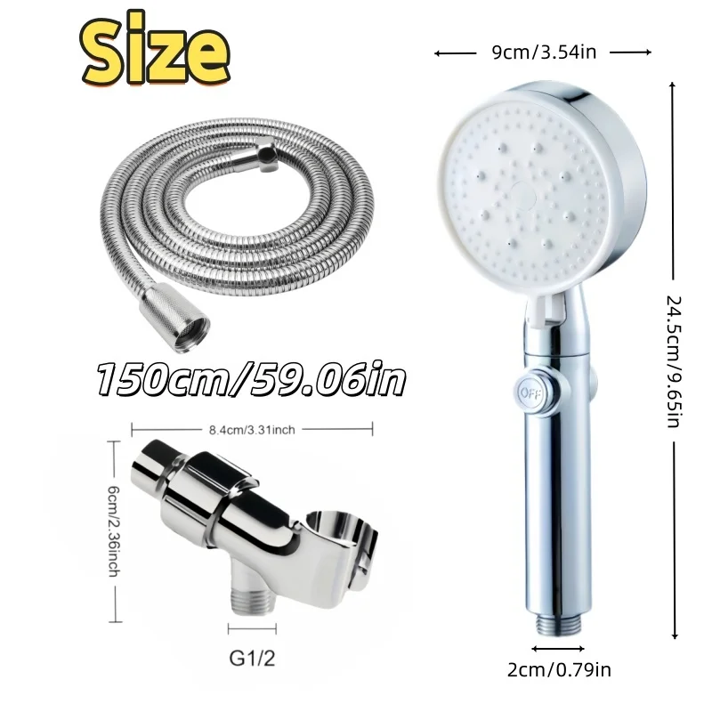 3PCS Silver Boost Shower Head 5 Spray Modes One-Click Stop Soft Silicone Nozzles Flexible Hose US Bracket Bathroom Accessory