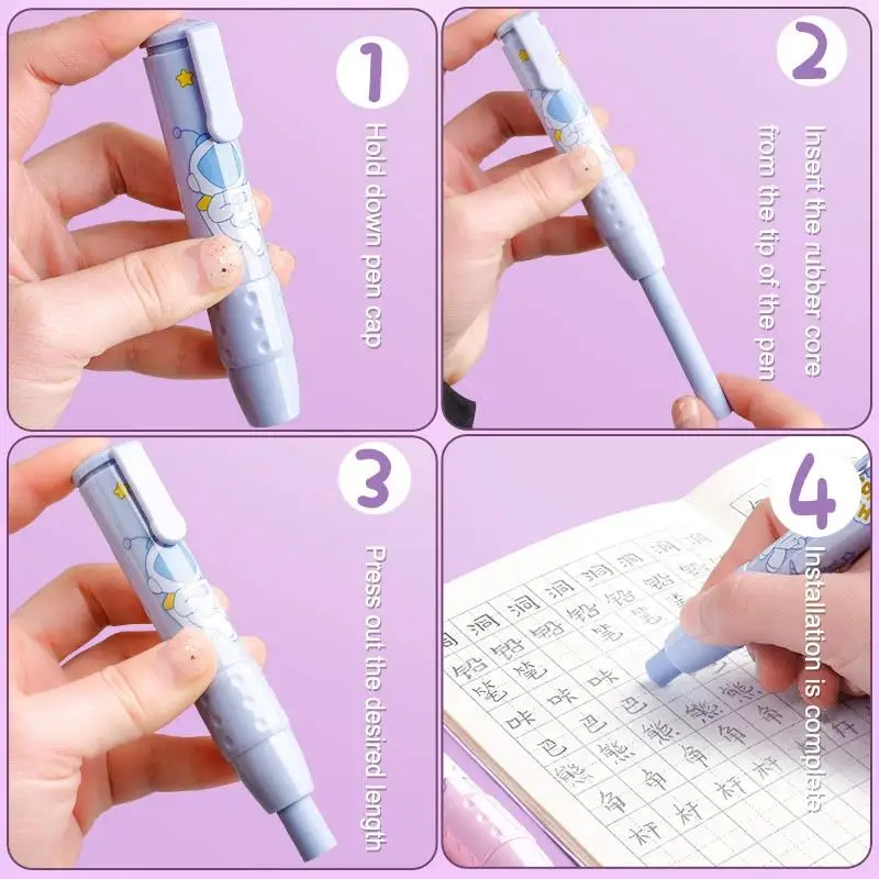 Cute Cartoon Pressing Pencil Eraser Pen Type Rubber Stationery Replaceable Eraser Core for Kids Writing Supplies Soft Art Eraser