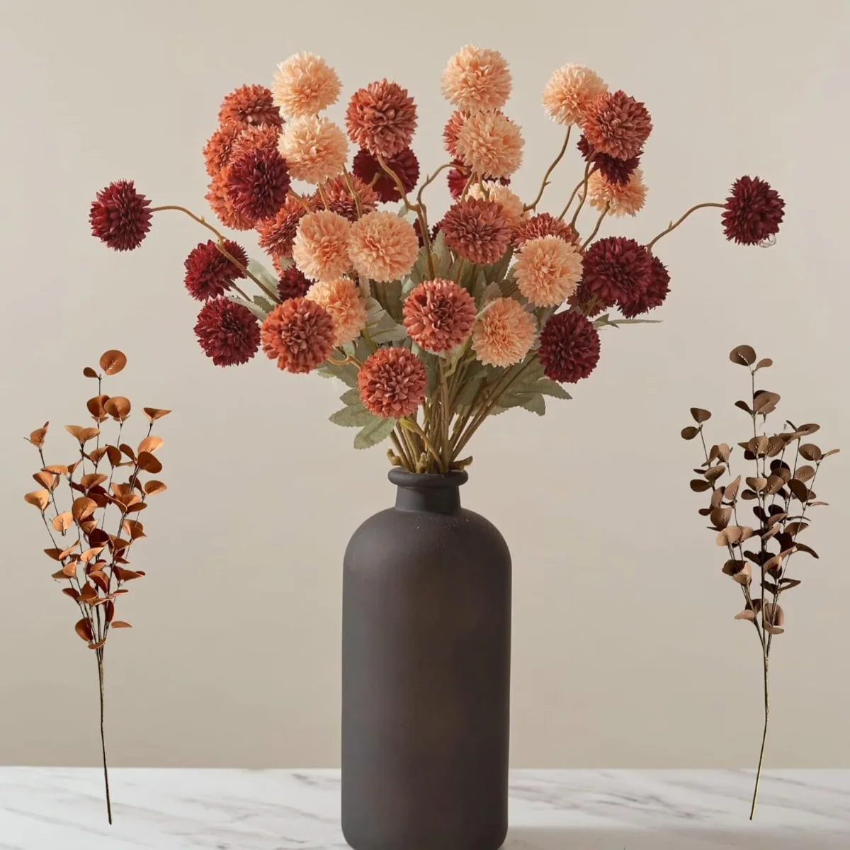 Fall Flowers Burnt Orange Faux Kiku Flowers Artificial Silk Mums Fall Floral Centerpiece Mini Balls Faux Stems For Vase Decor