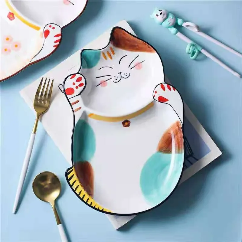 Beautiful Children's Cartoon Fortune Cat Tableware  A Couple's Home Dining Bowl Cute Ceramic Dining Plate Dishes and Plates