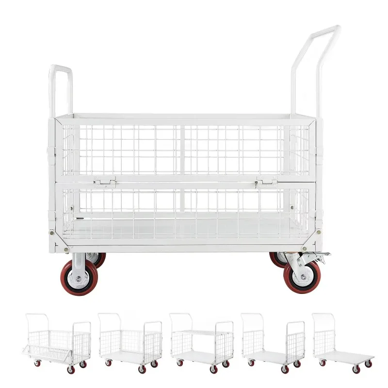 Heavy platform trolley Cage frame, foldable flatbed with rotating wheels