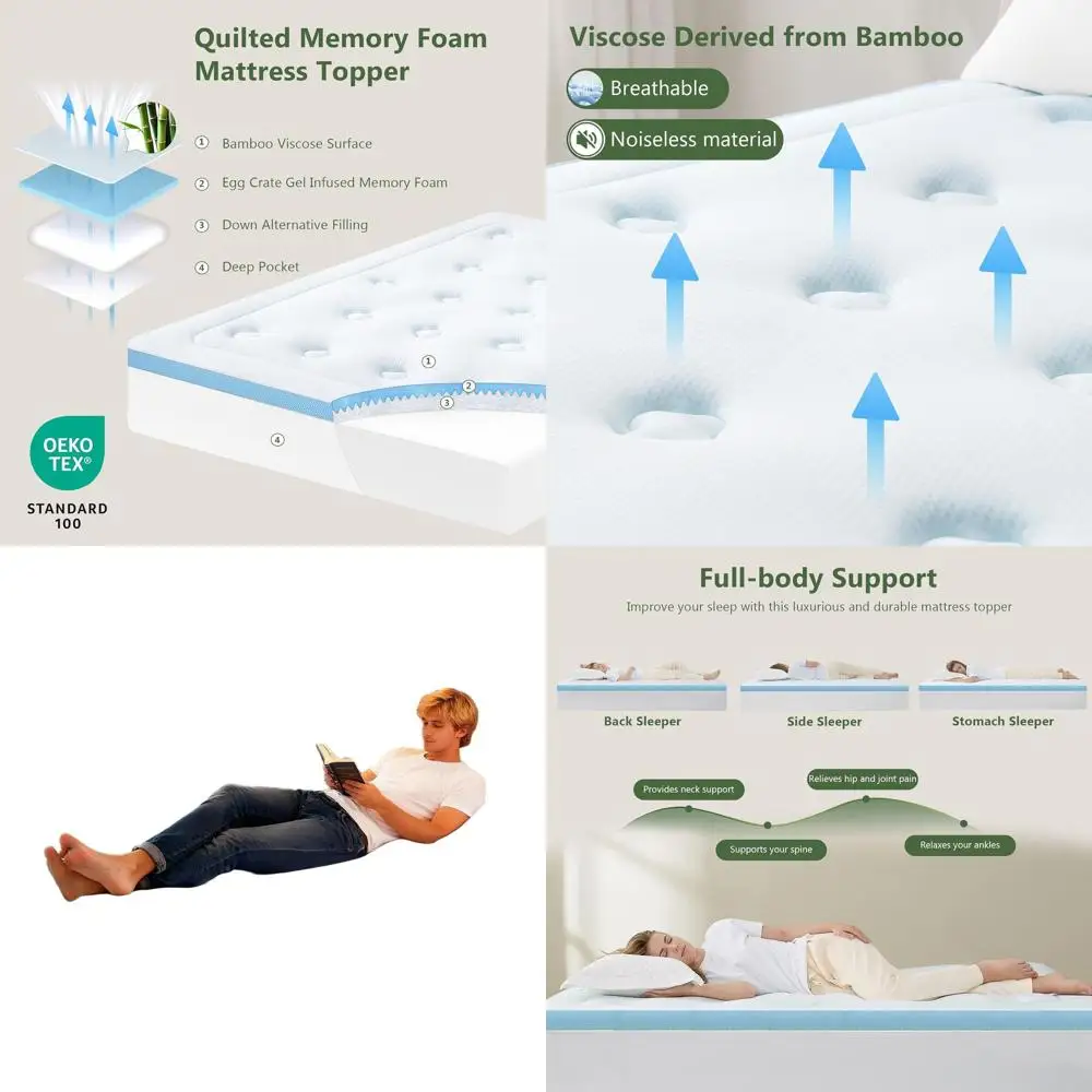 مرتبة فسكوزي كوين RV من الخيزران مع رغوة الذاكرة، وسادة علوية قابلة للتنفس لتخفيف آلام الظهر، 60 × 75، أبيض