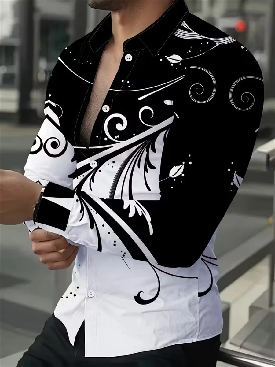 Men's Long-Sleeved Shirt with Black and Gold Geometric Line Print Design, Stylish Casual Cardigan Top, Comfortable Fabric.