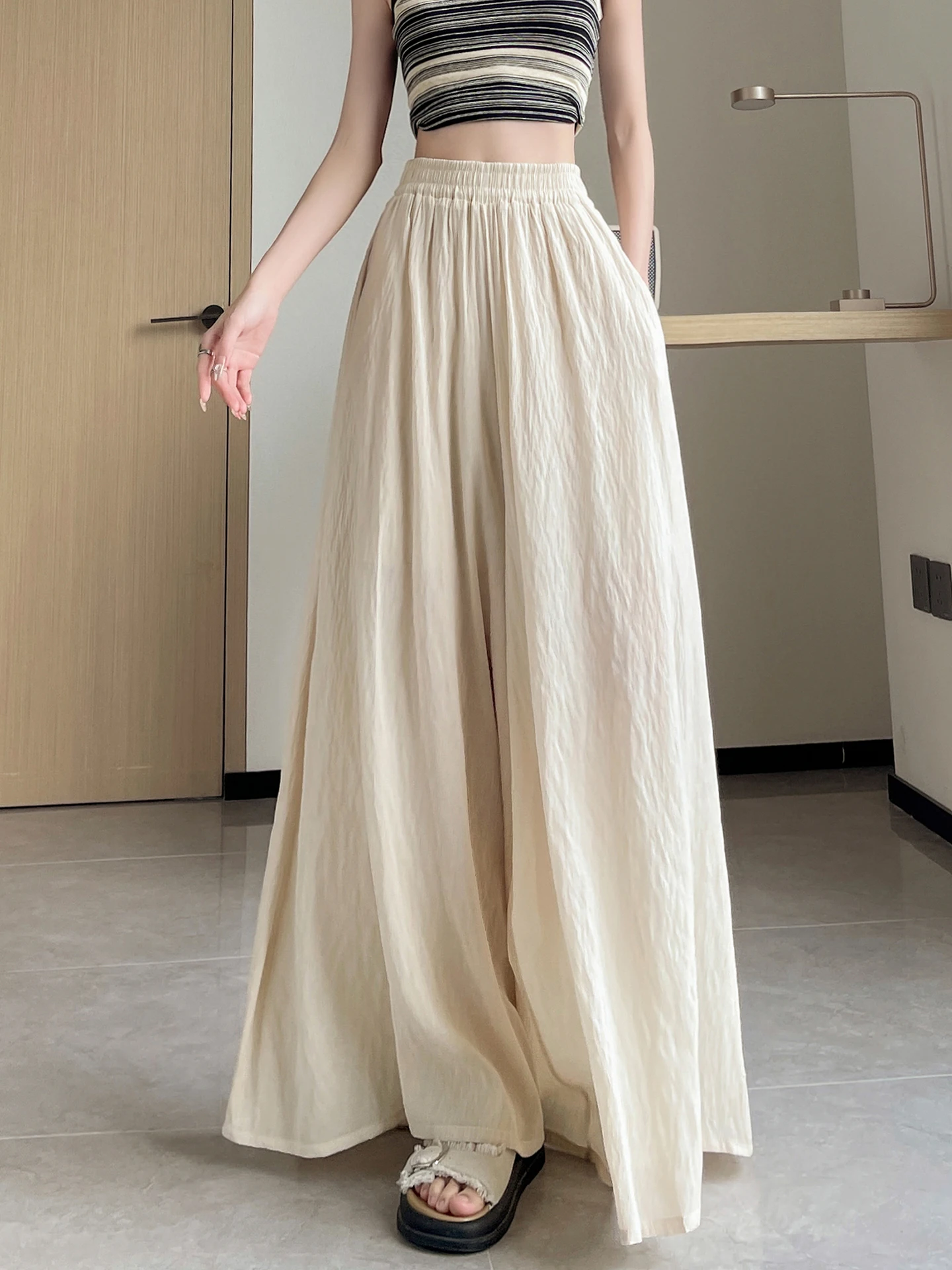 

Женские широкие брюки-палаццо из шелкового хлопка для защиты от солнца, весна-лето, тонкие, свободные, струящиеся, повседневные, в пол