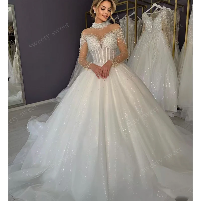

Romantic Wedding Dress Organza With Embroidery Bead Ball Gown A-Line High-Neck Full Sleeve Customized Bride Dress Robe De Mariee