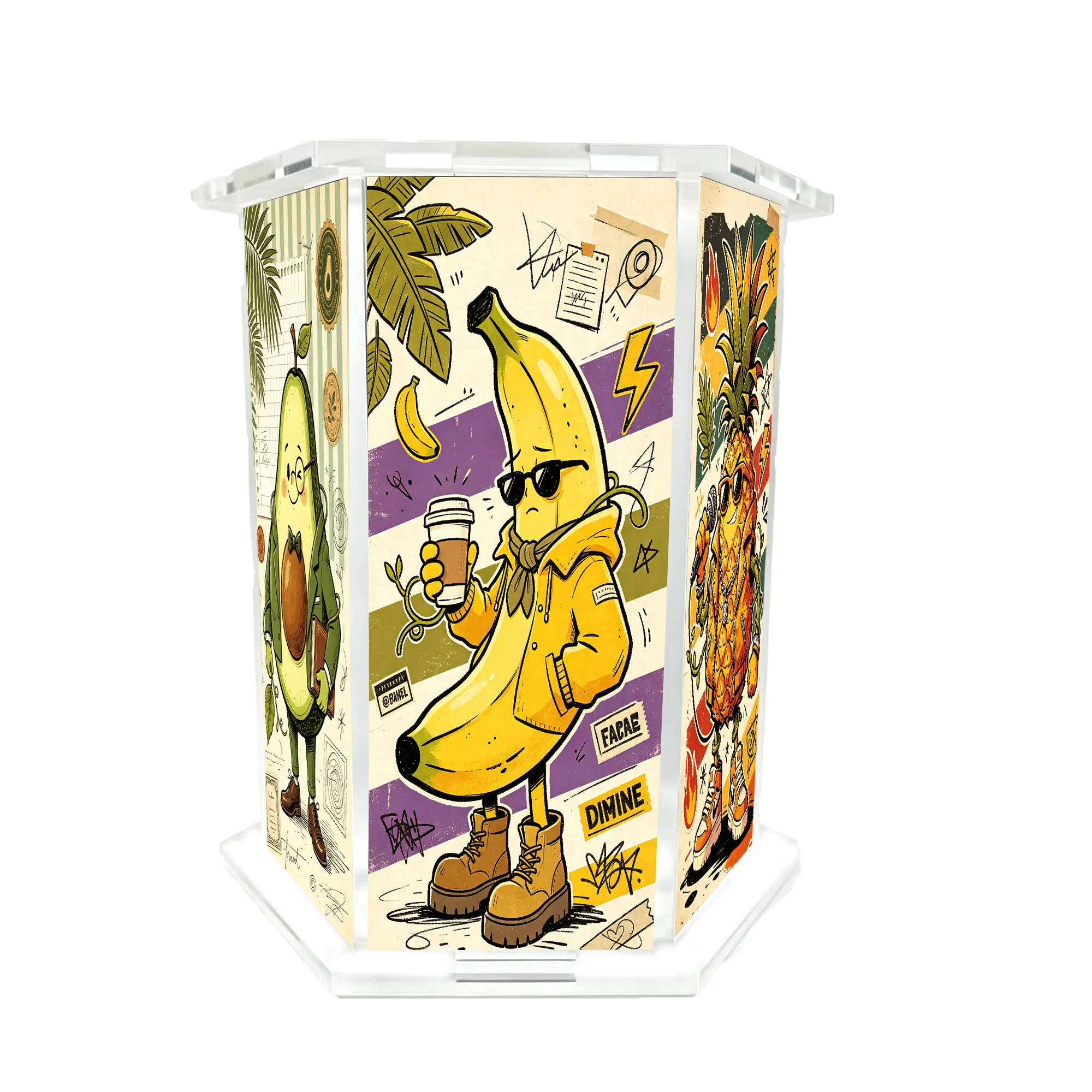 1pc Streetwear Style Anthropomorphic Fruit Printed Acrylic Hexagonal Pen Holder for Desktop Stationery Storage