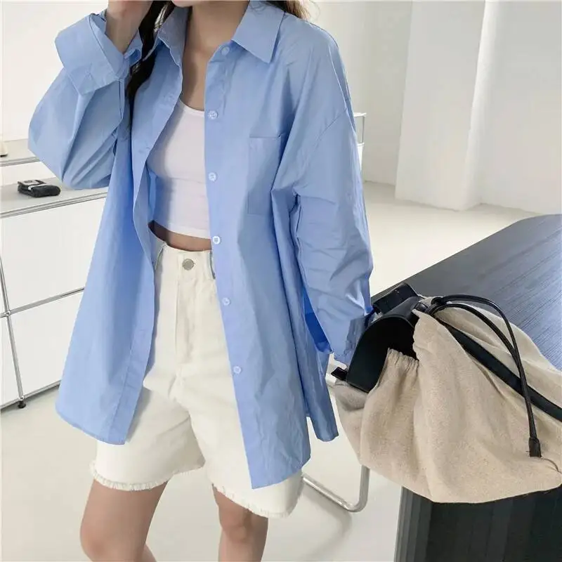 

Women's Blue Shirt Oversized With Chest Pocket Long Sleeve Button Down Shirts Blouse Ladies Boyfriend Style Outfit