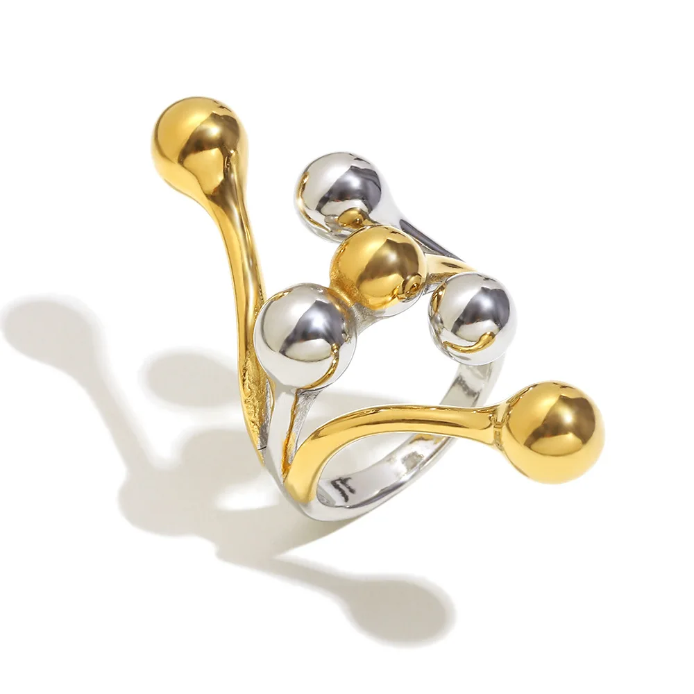 Two-Tone Stainless Steel 18K Gold Plated Exaggerated Round Ball Open Ring Geometric Statement Finger Jewelry for Women
