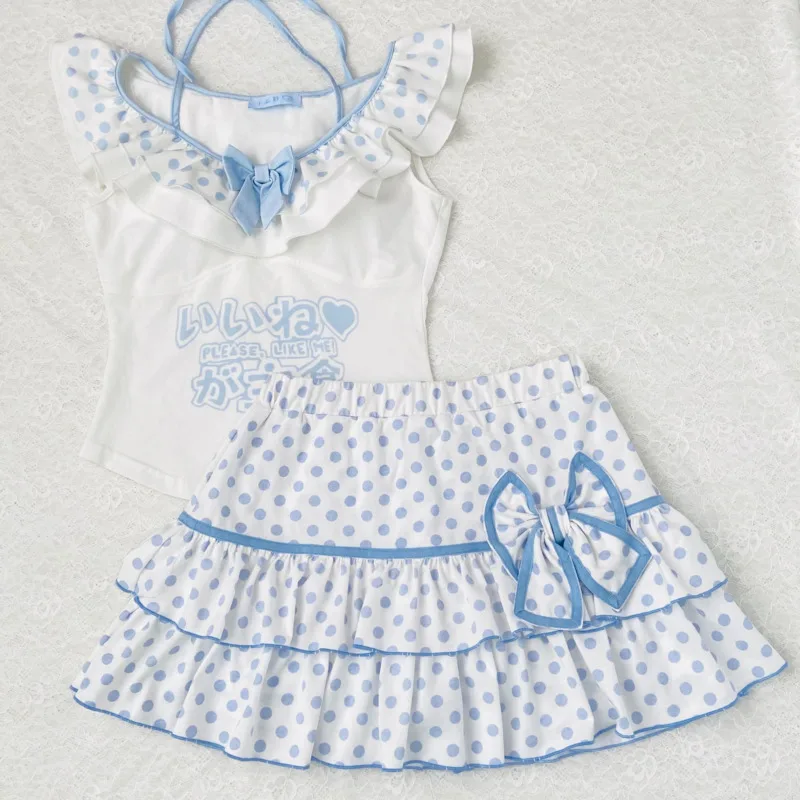 

Bow Dot Cake Skirt Top&Tees Set Girl Japan Y2K Subculture Water Wave Dot Lace Strap Butterfly Knot A-line Dresses Tee Top Set