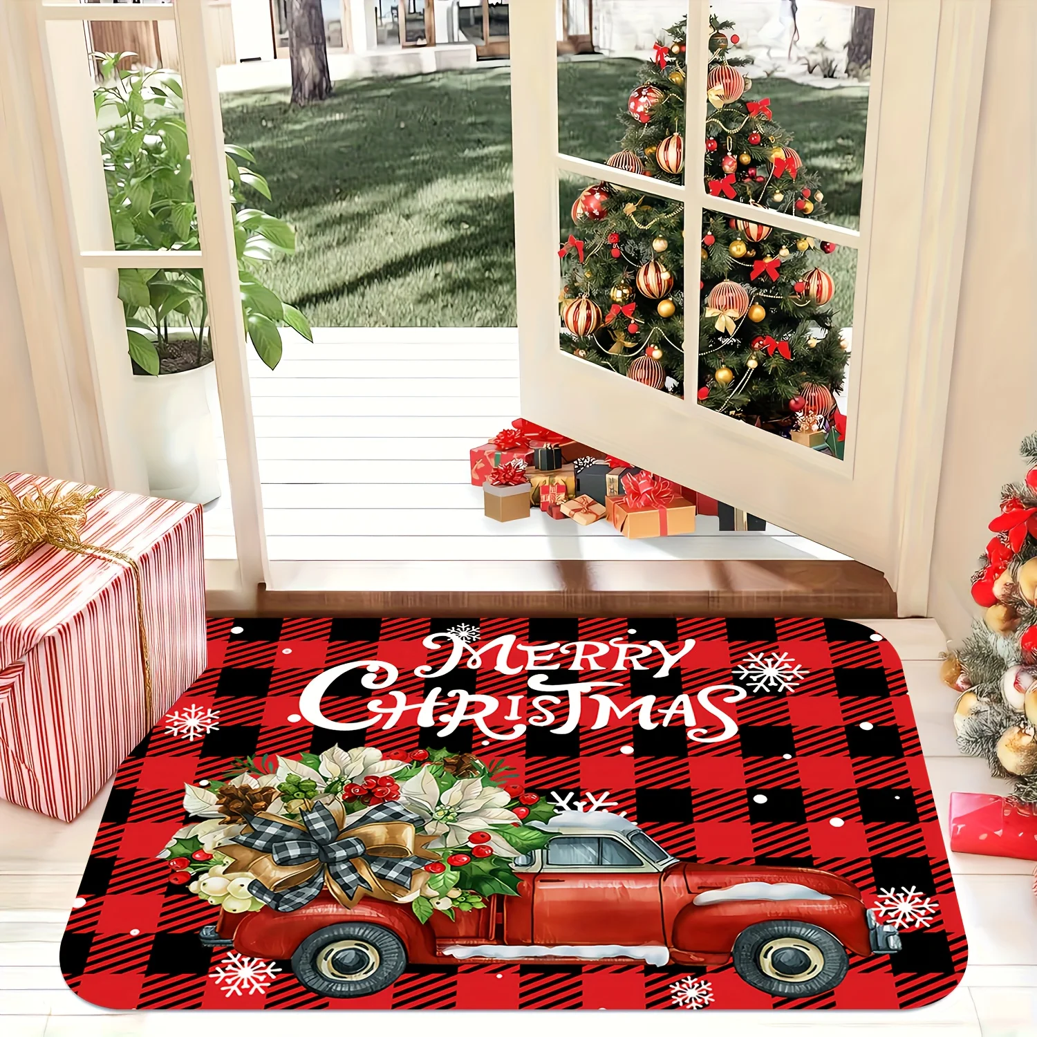 Rustic Plaid Gnome Snow Scene Anti Slip Front Porch doormat Blue Tone Three Striped Hat Elf Pine Tree Snowflake Floor Mat