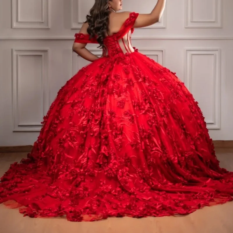 فساتين Quinceanera باللون الأحمر اللامع قبالة الكتف مزينة بالخرز على شكل زهرة تول المكسيكي فيستدوس دي 15 أنوس الأميرة الحلوة 16 عيد ميلاد