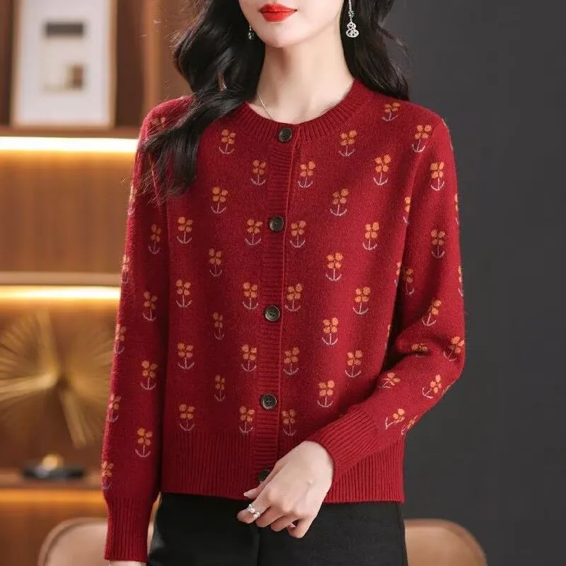 

Кардиган для женщин, трикотаж, женский жаккардовый вязаный кардиган, осенне-зимний новый для мамы среднего возраста с коротким свитером, пальто