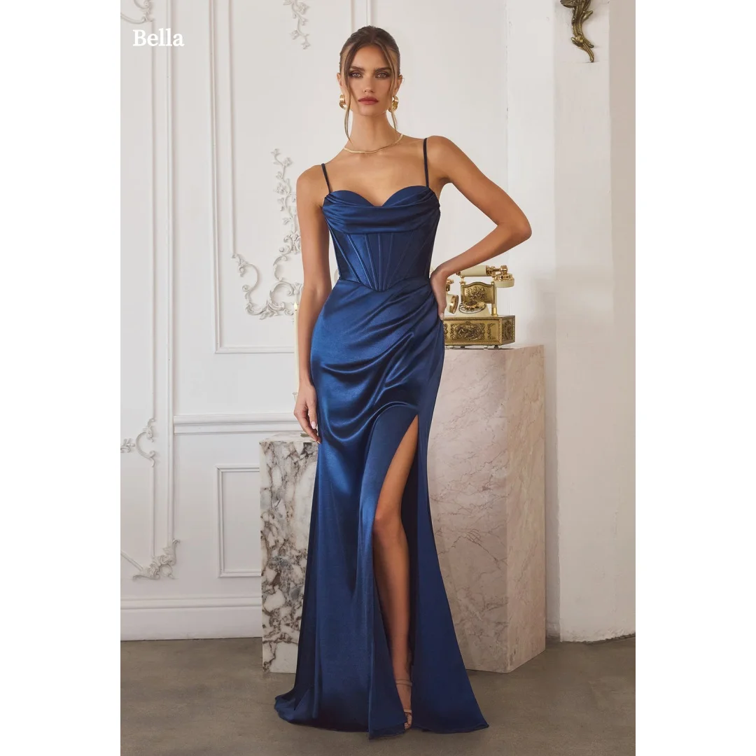 

Bella Customized Navy Blue Satin Prom Dress, Off-Shoulder Party Dresses with High Slit, Elegant Robes De Soirée for Women 2026