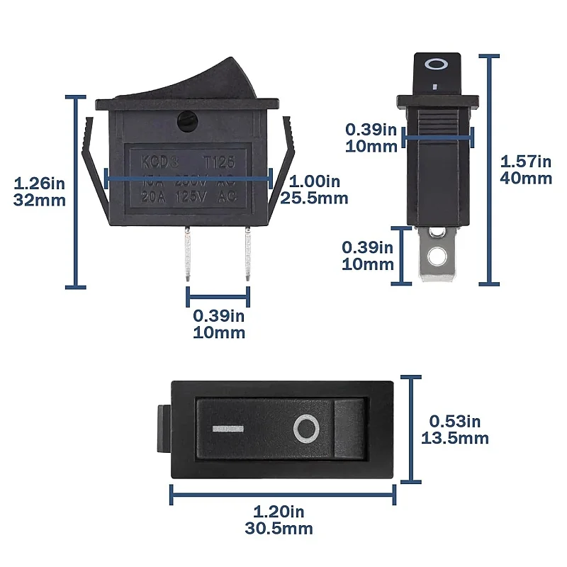 Toggle Switch 2-Pin On/Off 15A 250VAC 20A 125VAC 2 Pins Rocker Switch Black 2 Position Embedded