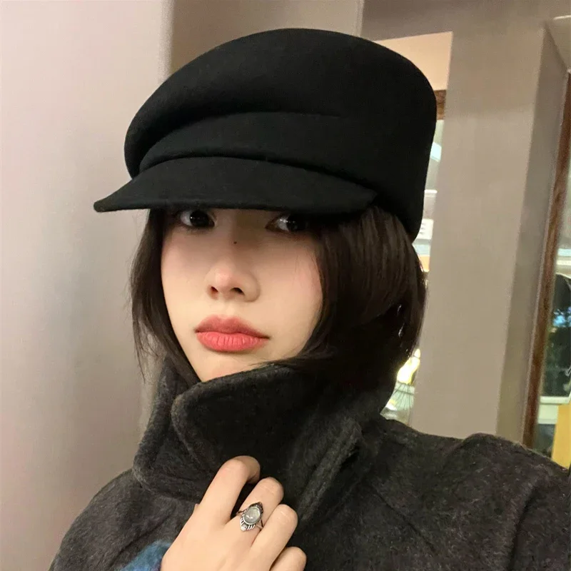 Japan Curved Eaves Wool Beret Women Autumn Winter Felt Fedora Black Painter Hat Female Warm Octagonal Hats Classics Walking Cap