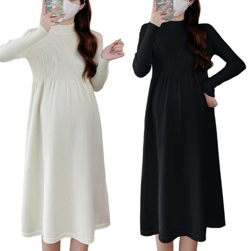 

Q22D Women's Maternity Dress Turtleneck Long Sleeve Knits Sweater Dress Pregnant Clothes Simple Baby Shower Dress
