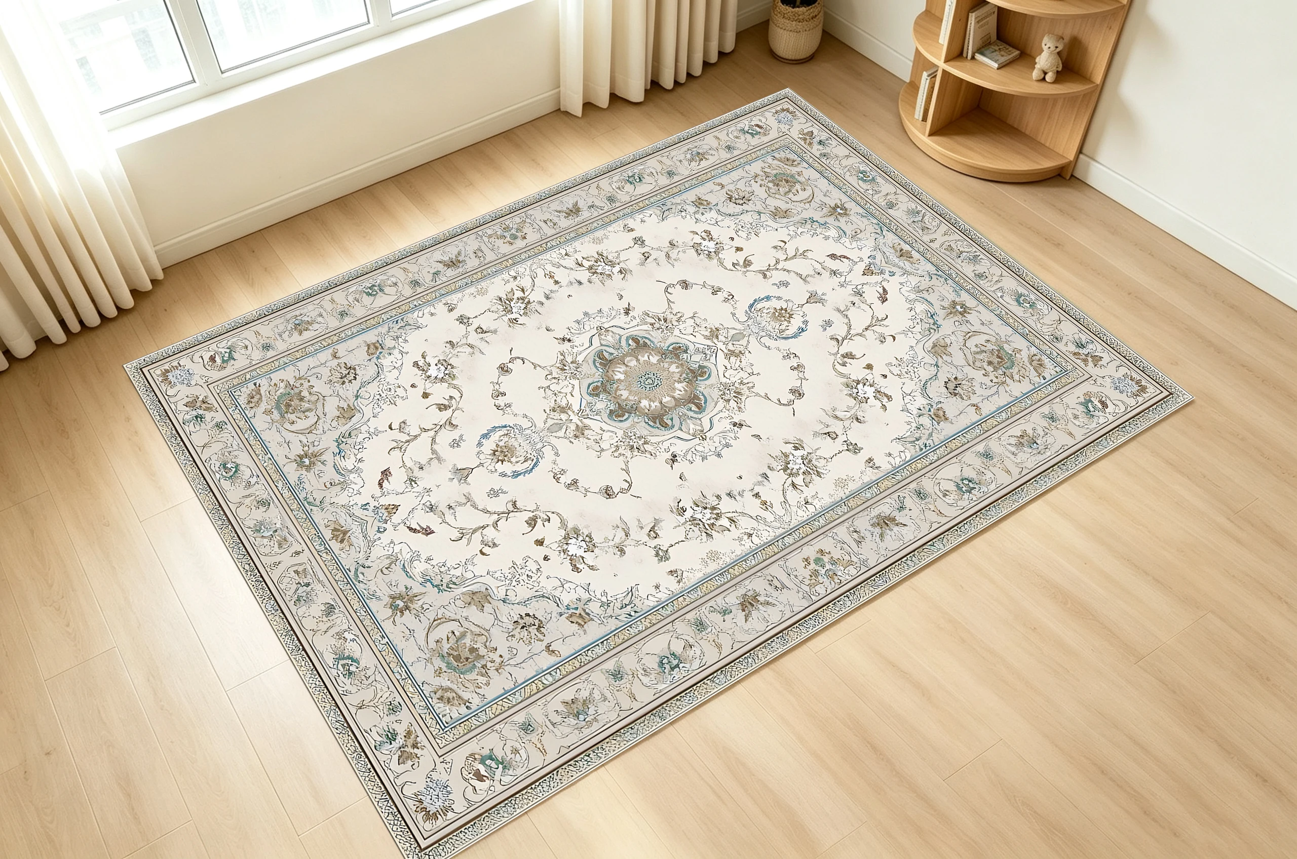 2D Velvet Rug, Off-White Light European Retro Pattern, Skin-Friendly & Comfortable, for Living Room & Bedroom, Enhancing the Ambiance