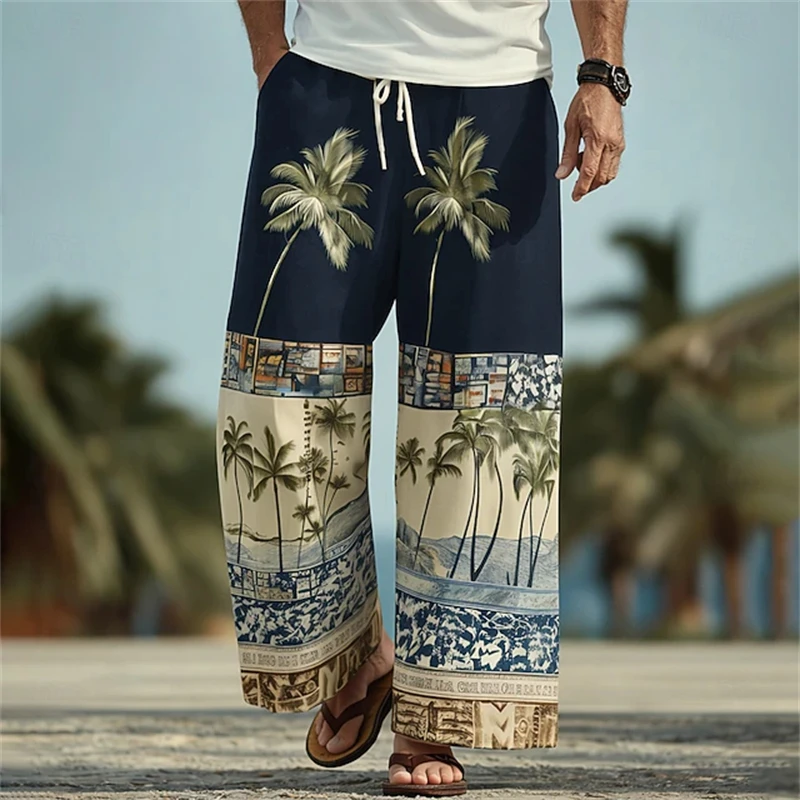 Men's Tropical Palm Tree Print Casual Pants Loose Oversized Fit with Elastic Waistband Spring Fall Beach Vacation Pants