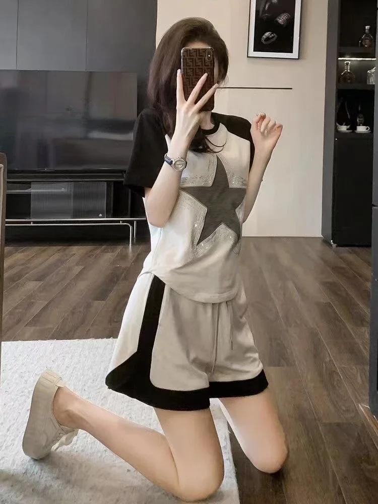 Mulher shorts agasalho estrela t camisa de luxo tailorin novidades roupas tendência 2025 completo dois kits conjuntos curtos para mulher 2 peças