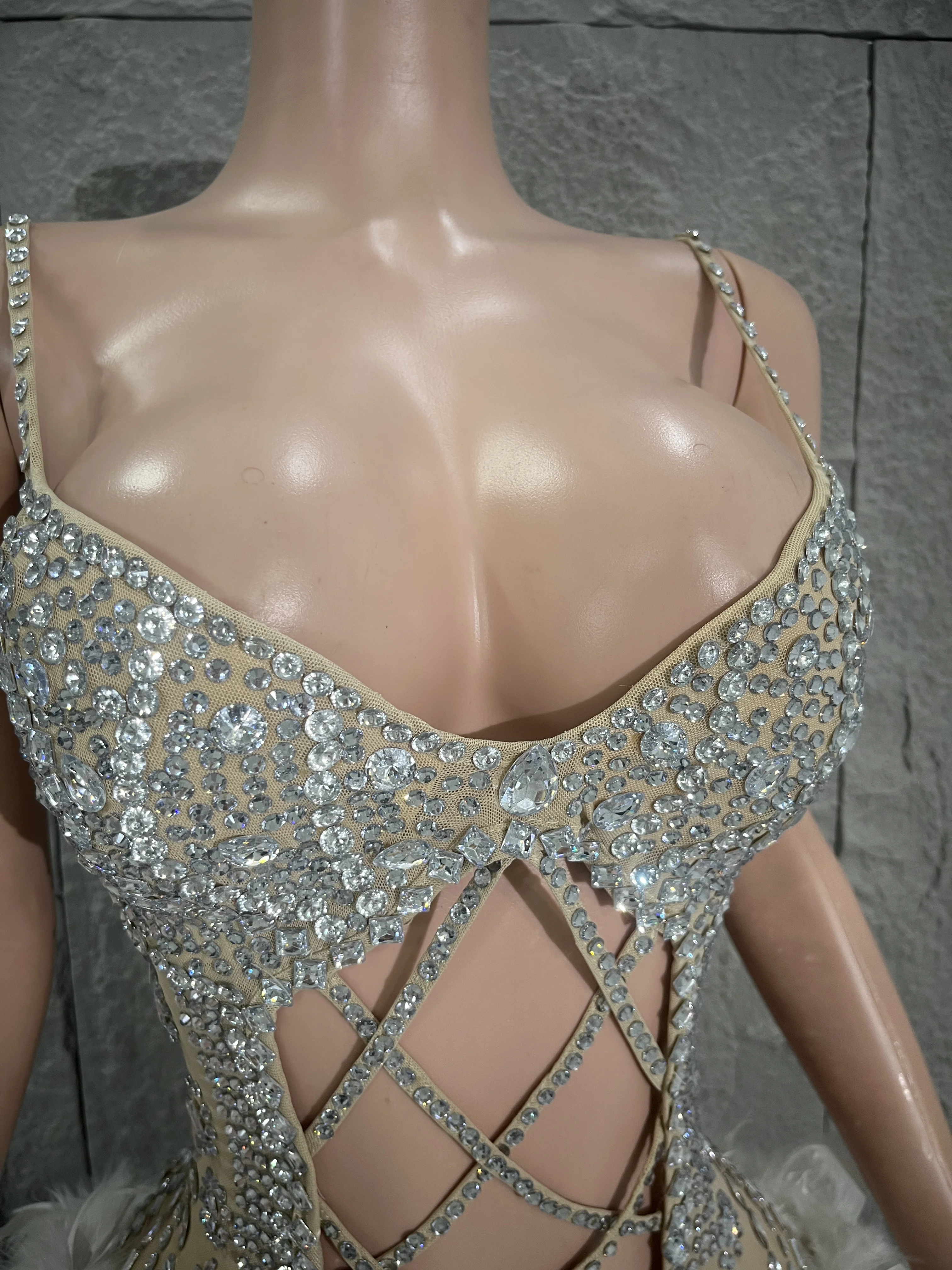 

Alluring Shining Golden Rhinestone Mesh See Through Bodysuit Birthday Evening Party Celebrate Performance Nightclub Stage Wear