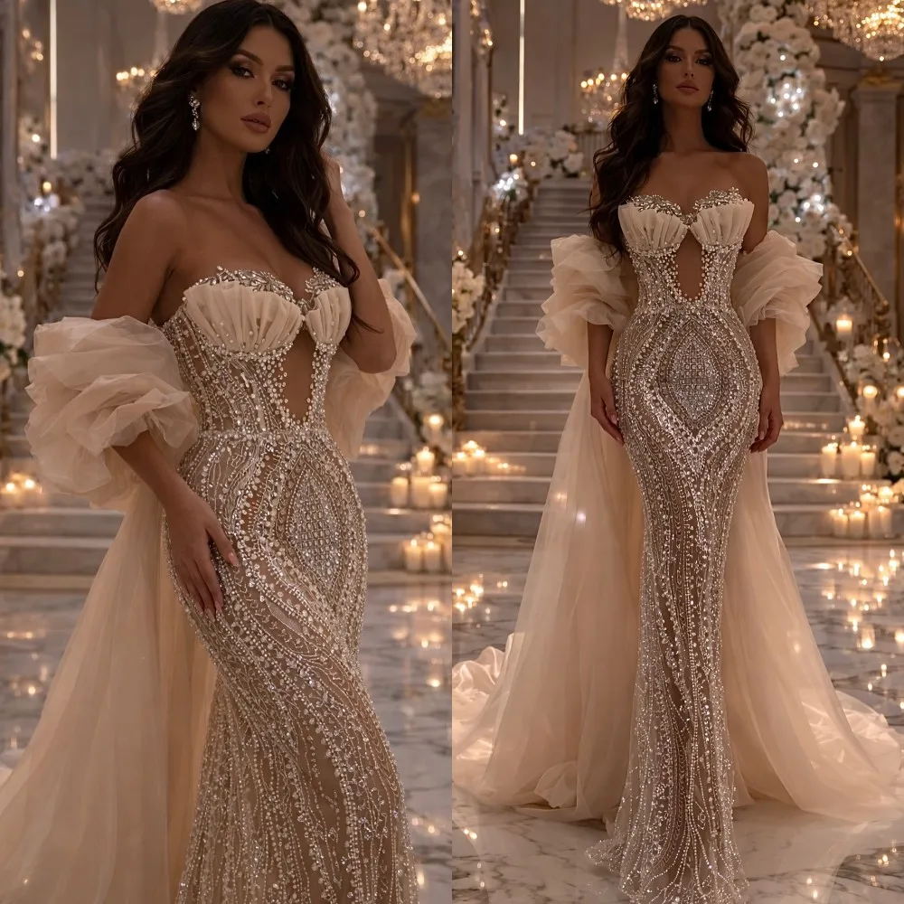 Klassische Meerjungfrau-Abendkleider für Damen, ärmelloses Wickelkleid mit herzförmigem Ausschnitt, Kristallapplikationen, Schleppe, individuell gestaltet