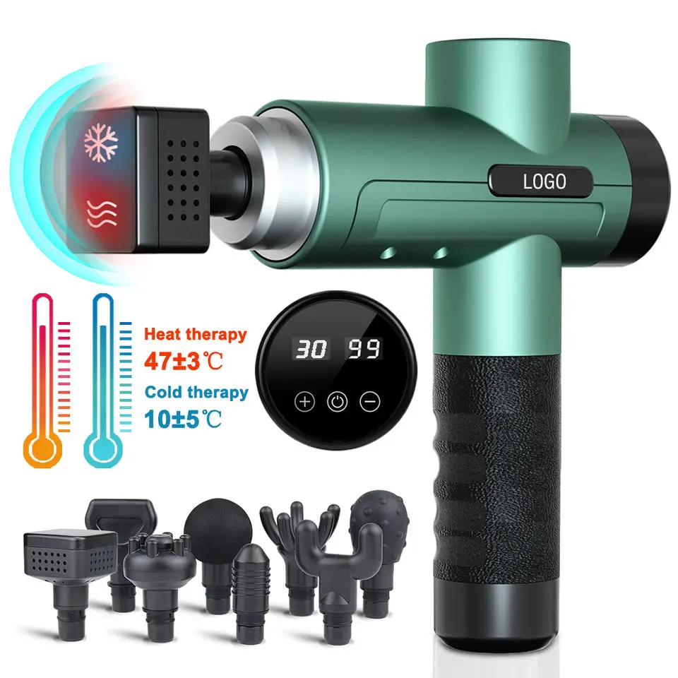 Heat and Cold Head Muscle Deep Tissue Percussion Massage Touch Screen Fascia Gun with EMS Lcd Display Low Noise Massagegun