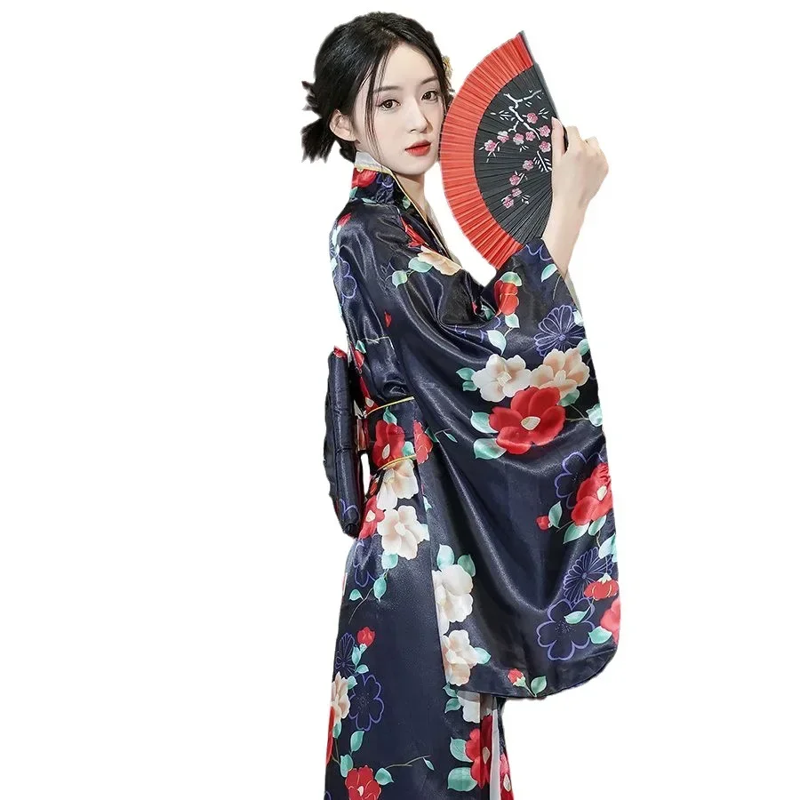 Kimono tradisional Jepang dengan Obi gaun malam wanita Vintage Geisha Kimono antik kostum Cosplay pentas wanita