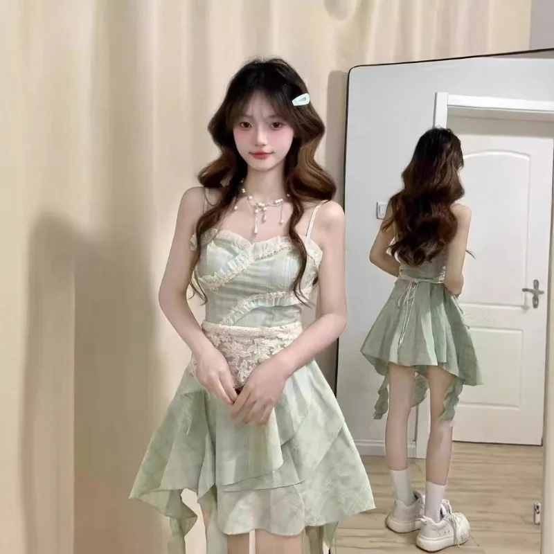 2023 neue Streetwear Französisch Süße Würzig Grün Liebsten Puffy Prinzessin Stil Midi Kleid Lolita Frauen Sommer Asymmetrische Kleider