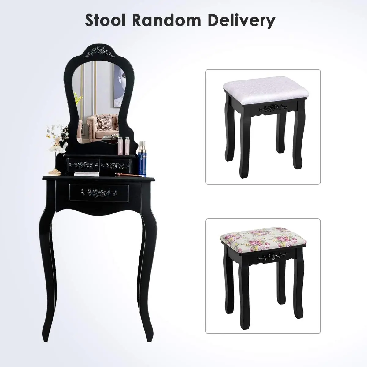 Vanity Set with 3 Drawers and Cushioned Stool, Makeup Dressing Table for Bathroom Bedroom Small Space, Vanity Table and Bench fo