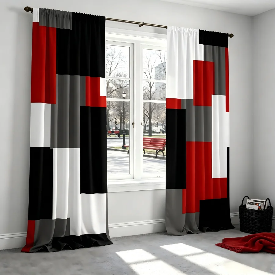 2PCS Digital Print  Curtain, Red Black Squares, Bohemian Style  Curtain Panel for Home Living Room Bedroom Decor