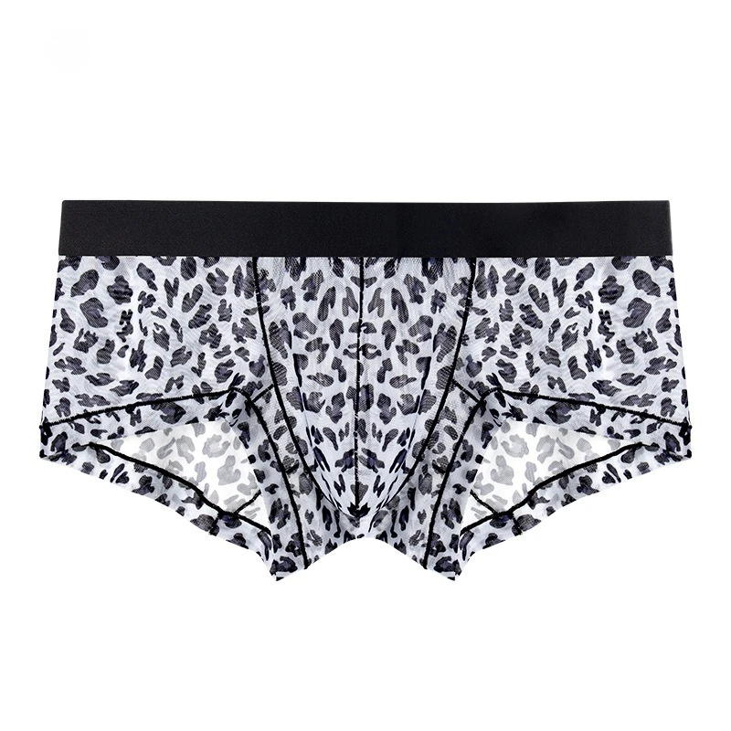 Men's Erotic Low-Rise Briefs Sissy Sexy Leopard Print Mesh Fabric Single Layer High Elasticity Slim Fit Shorts Thin Soft Knicker