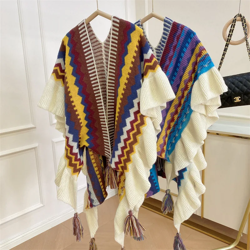 Women Ethnic Style Poncho Capes Ladies Fashion Stripe Colorful Knit Oversized Poncho Wrap Fringed Shawl Bohemian