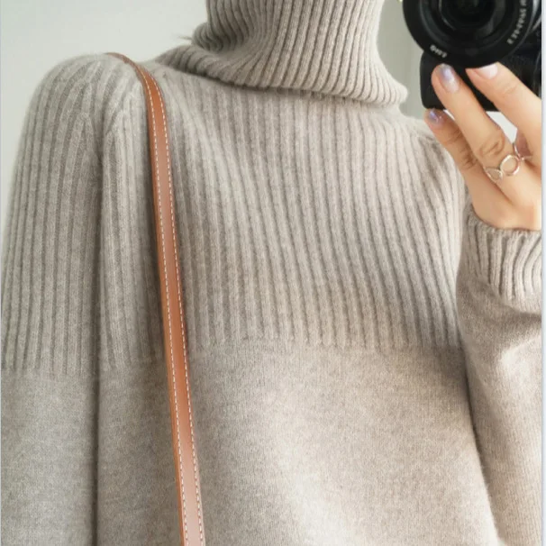 Autumn/Winter Thickened Polo Turtle Neck Sweater Women's Loose Fit Idle Style Pile Up Neck Long Sleeve Pullover Knit Base Layer