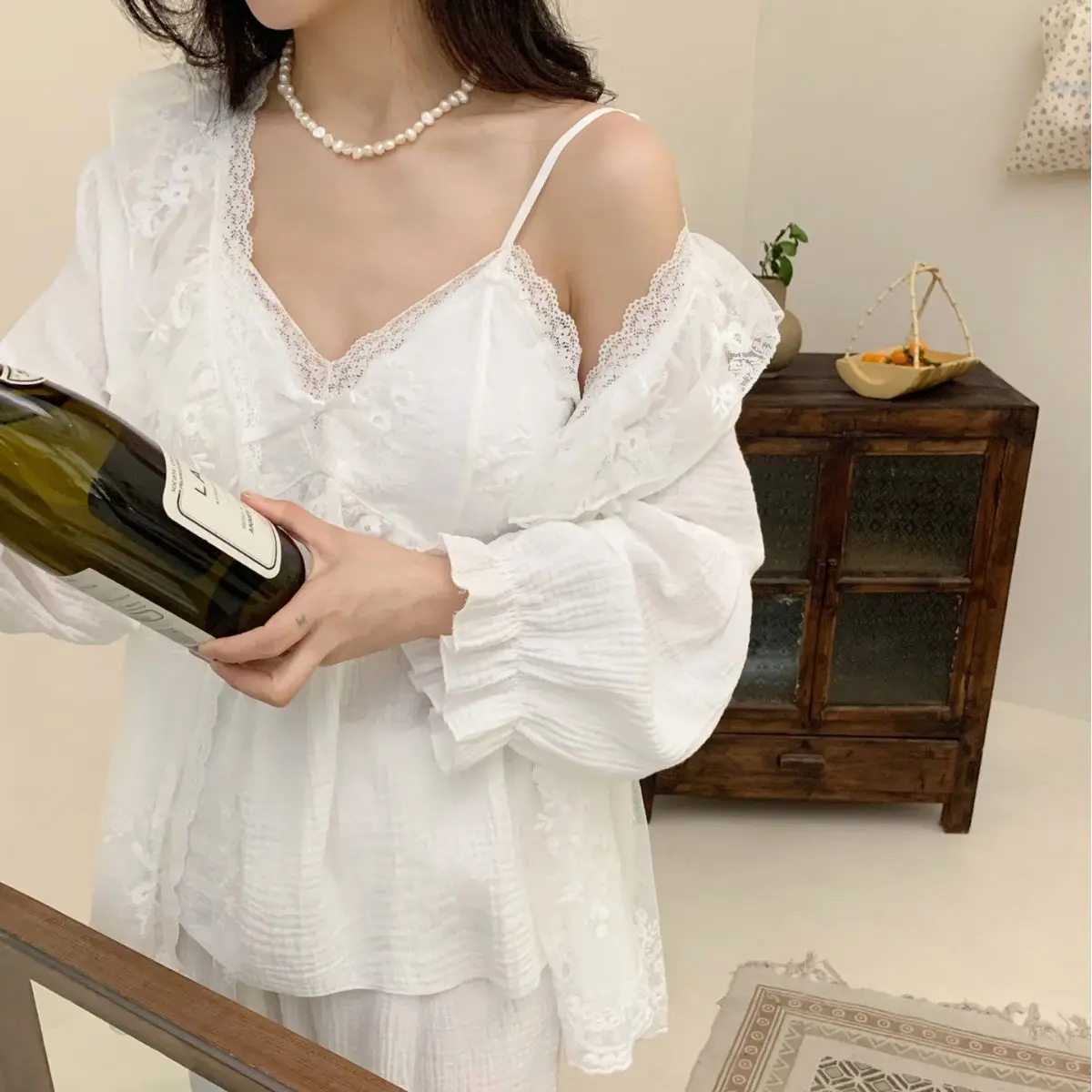 Sweet French Court Style Princess Lace Pijamas Suit primavera autunno donna 3 pezzi pigiama Set Sleepwear Nightwear Loose Home Wear