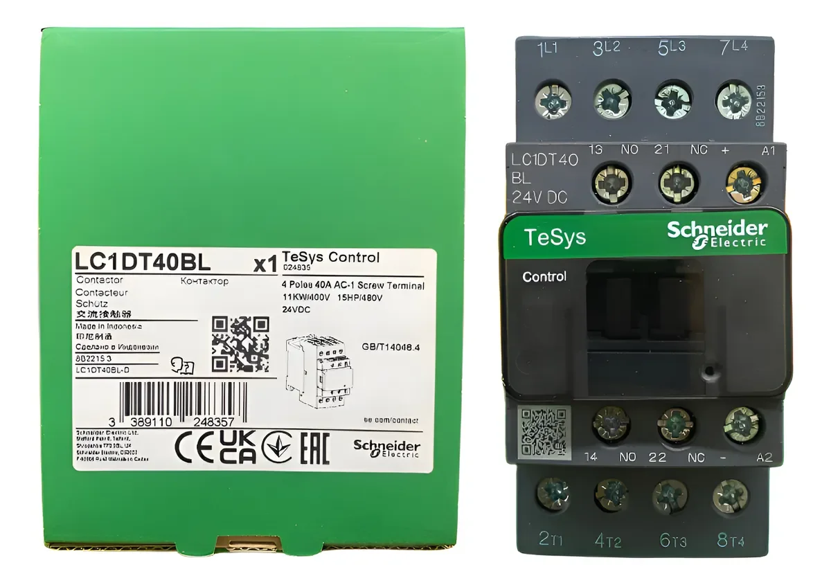 LC1DT40BL LC1-DT40BL Contactor, Deca, 4P(4 NO), AC-1, 0 to 440V, 40A, 24VDC low cons coil