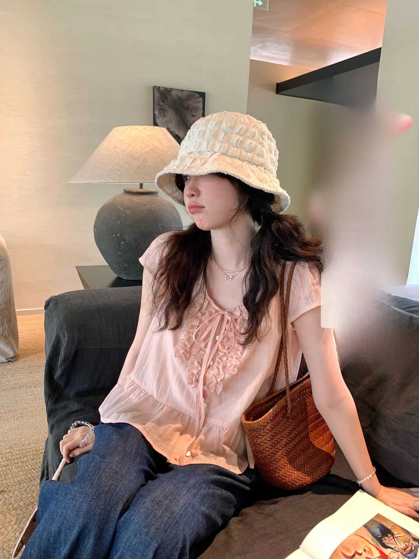 

PtonUmi f Sugar Peach Crisp ort Sve Loose V-Ne Women's irt Summer Knot Pink Design Sense Flower Top