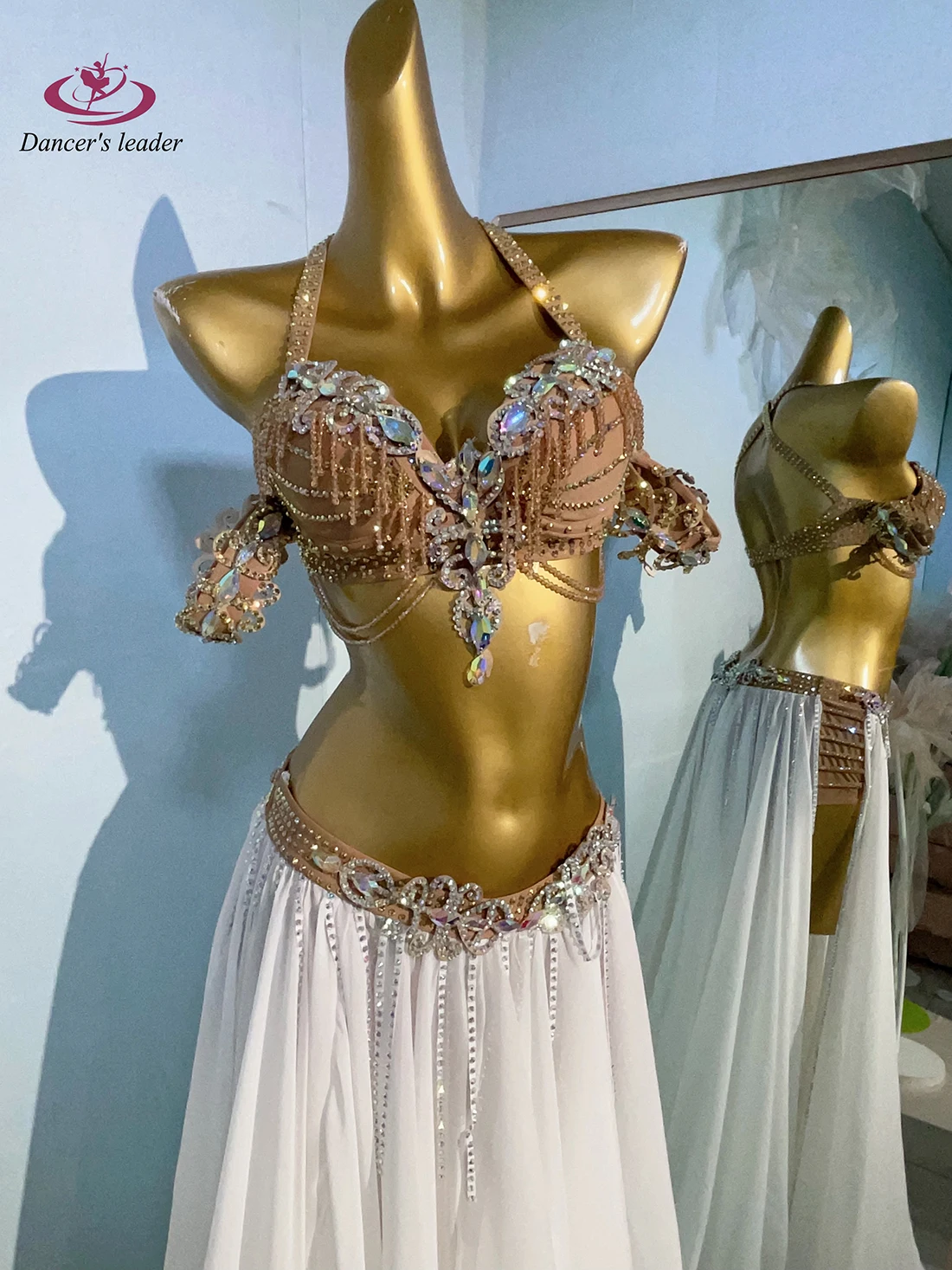 Trajes de danza del vientre, sujetador de borla de cadena de diamantes grande personalizado de alta gama para mujer, falda dividida, vestido de actuación de Tango Samba