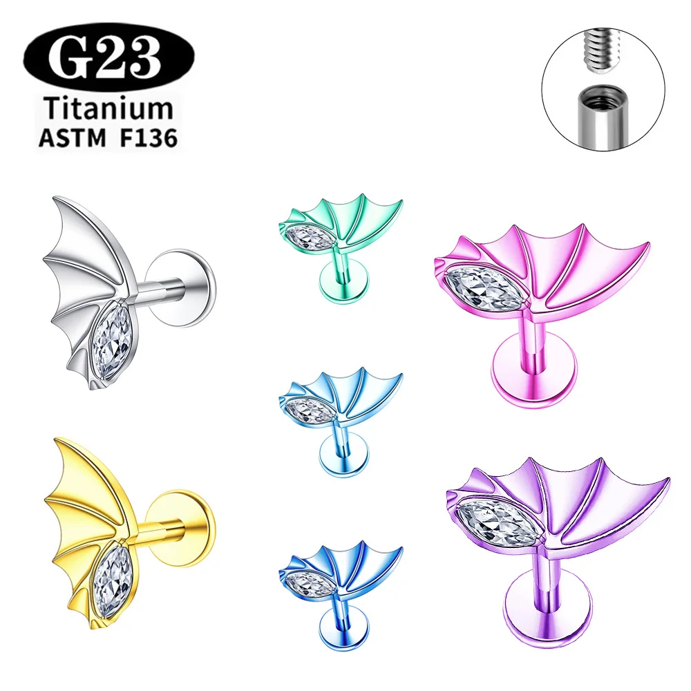 ASTM F136 TItanium Anodizing Piercing Nose Stud earrings 16G Internal Thread Labret wing CZ Piercing Body Jewelry