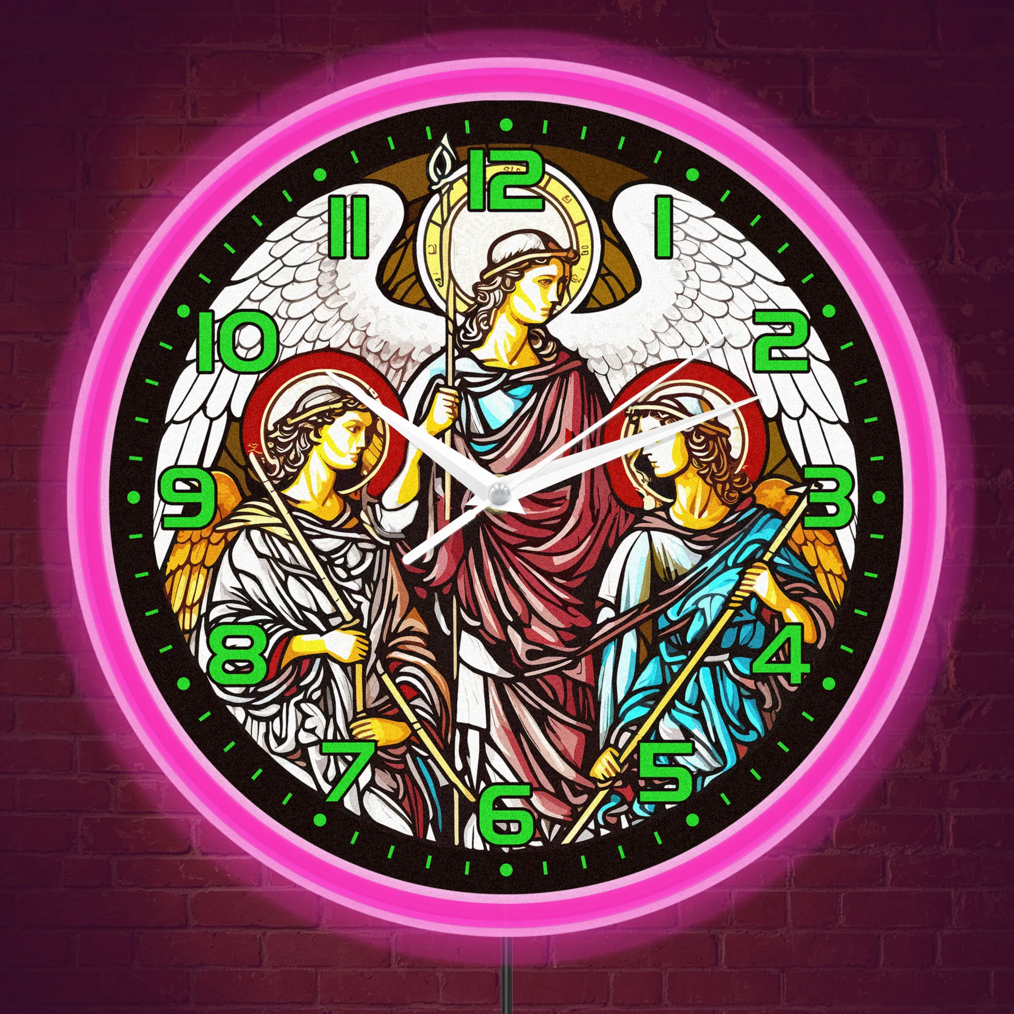 Angels With Wings And Halos LED Neon Light Wall Clock Vintage Church Window Art Ambient Light Wall Clock for Prayer Room ChapelA