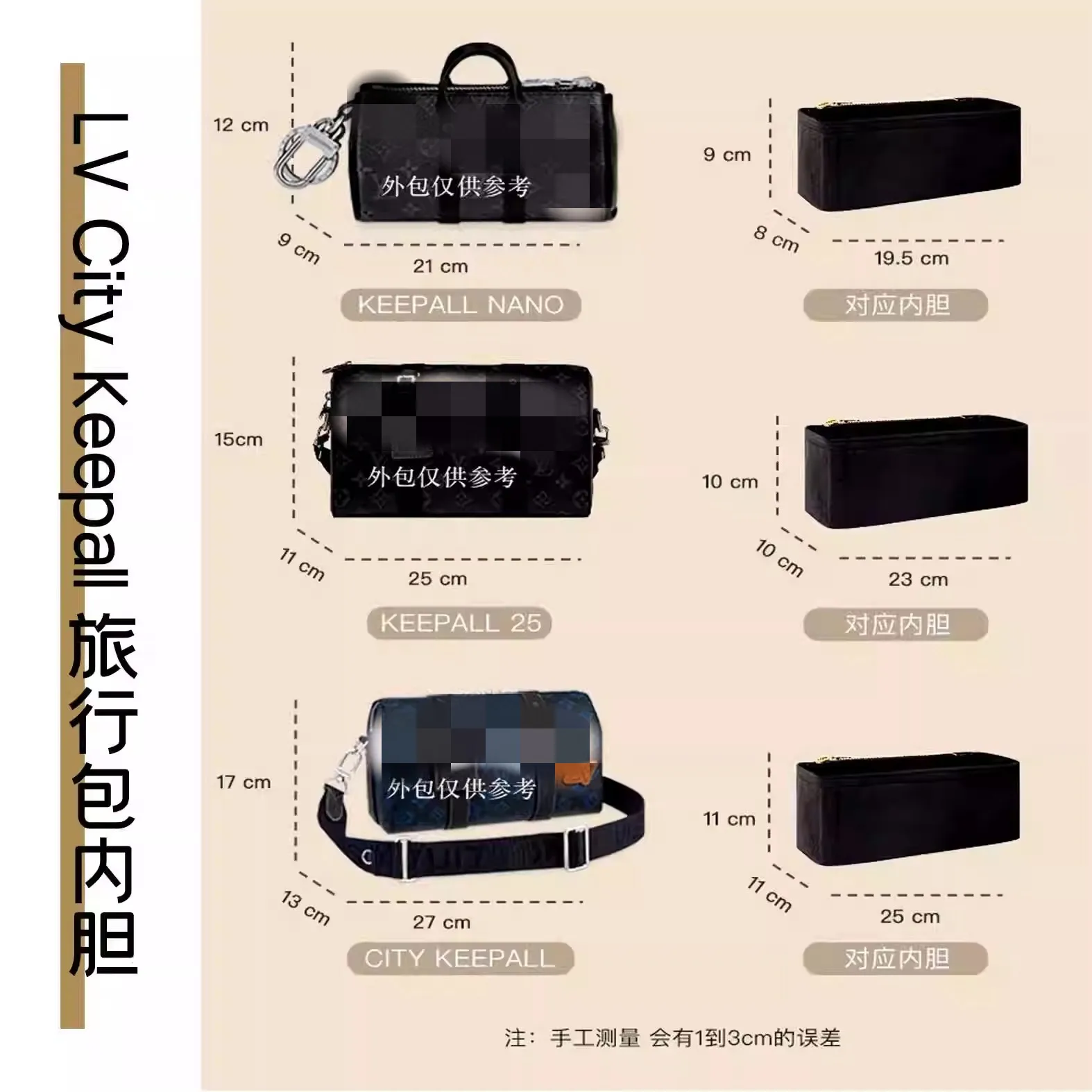 For LV city keepall nano xs 25 Travel bag Insert Bag Felt Makeup Organizer Bag Inner Purse Portable Base Shaper