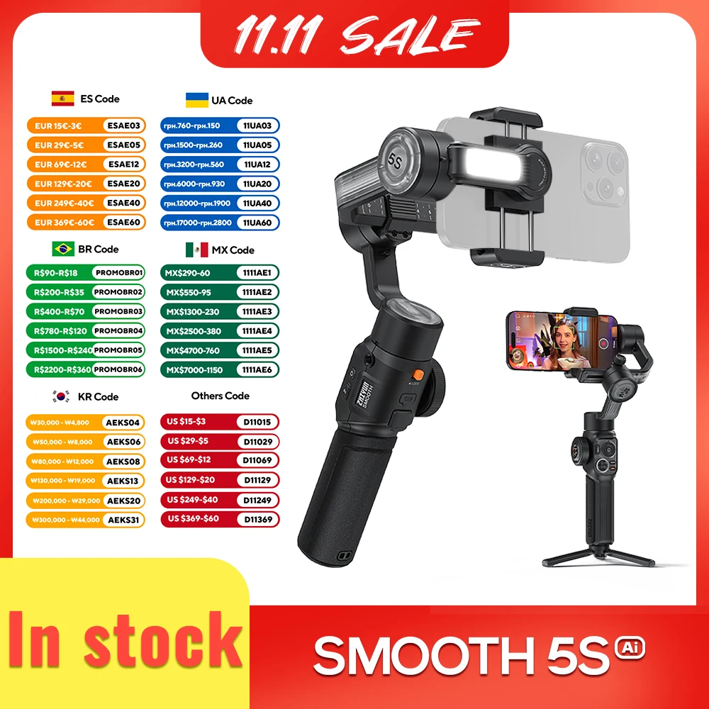 

ZHIYUN Официальный SMOOTH 5S AI отслеживания ручной стабилизатор 3-осевой смартфон Gimbal Открытый Gimbals для iPhone 15 Pro Max Xiaomi